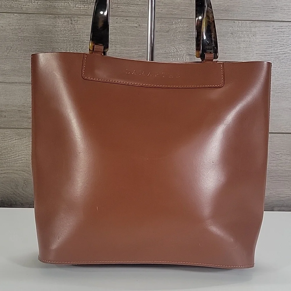 Lamarthe Brown Italian Leather Tote Bag with Tortoiseshell Handles